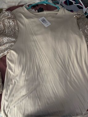 torrid Cream Ribbed Long Sleeve Top with Sequin Puff Sleeves